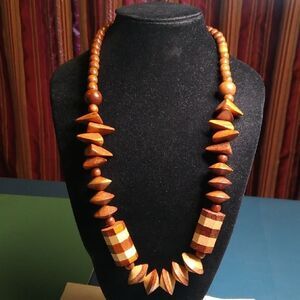 Vintage Wooden Various Geometric Designs Beaded Necklace Cottagecore Grandmacore